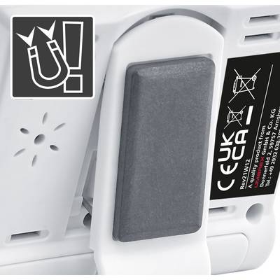 Magnetisches Warnschild auf einem Gerät, neben Sicherheitsaufklebern und einer großen schwarzen rechteckigen Fläche.