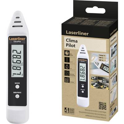'Laserliner ClimaPilot' Thermometer mit digitaler Anzeige und zwei Tasten zur Bedienung. Verpackung zeigt Produktanwendung und Eigenschaften.