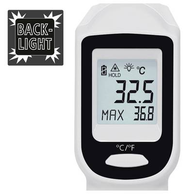 Ein digitales Infrarot-Thermometer zeigt 32,5°C, Maximum 36,8°C auf einem beleuchteten Display an. Links oben ist ein 'BACKLIGHT' Symbol.
