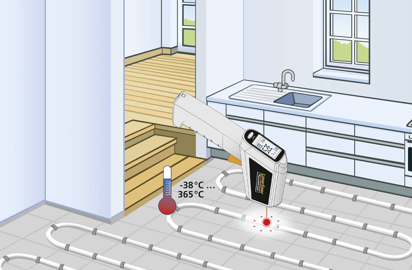 Ein Infrarot-Thermometer misst die Bodentemperatur einer Fußbodenheizung in einer Küche. Das Display zeigt eine Temperaturspanne von -38 °C bis 365 °C an.