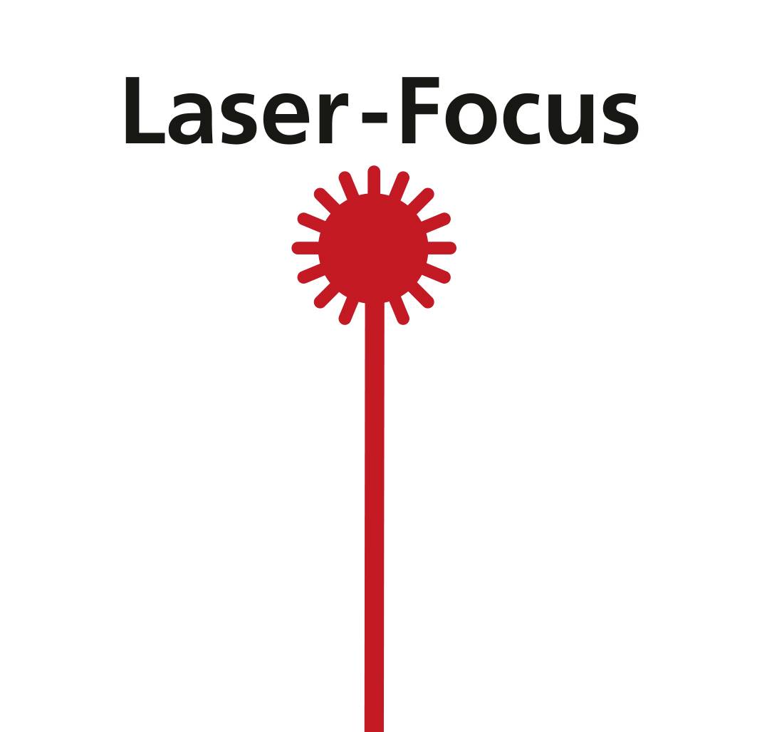Roter Kreis mit Strahlen und rotem Strahl darunter. Oben steht 'Laser-Focus'.