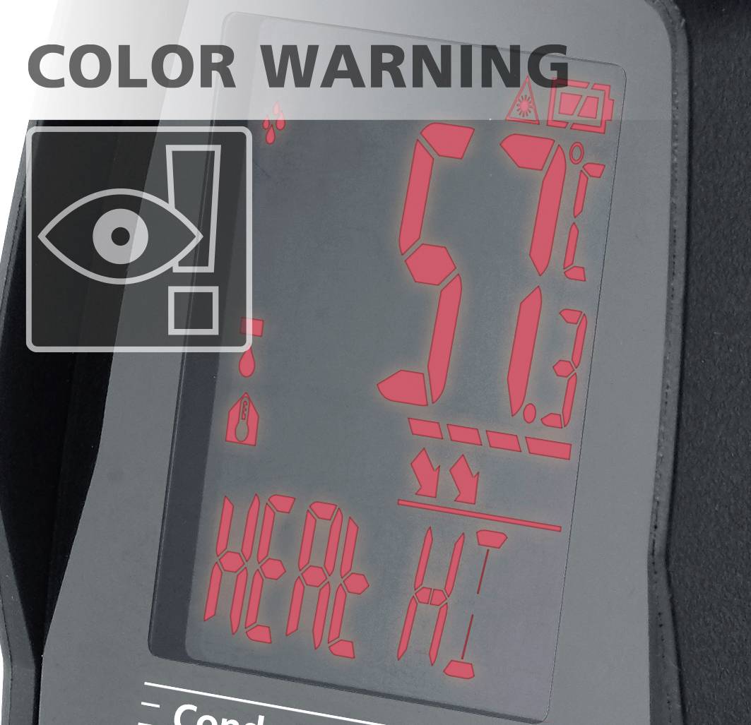 Digitalanzeige zeigt '51°C HEAT HI' in roter Schrift mit einem Augensymbol und 'COLOR WARNING'.