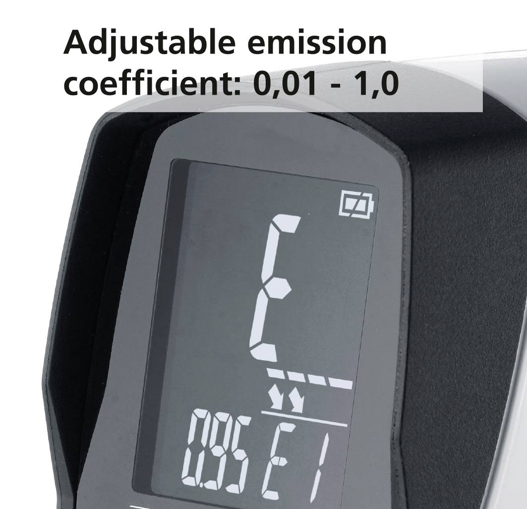 Ein digitales Messgerät mit Anzeige. Text: 'Adjustable emission coefficient: 0,01 - 1,0'.