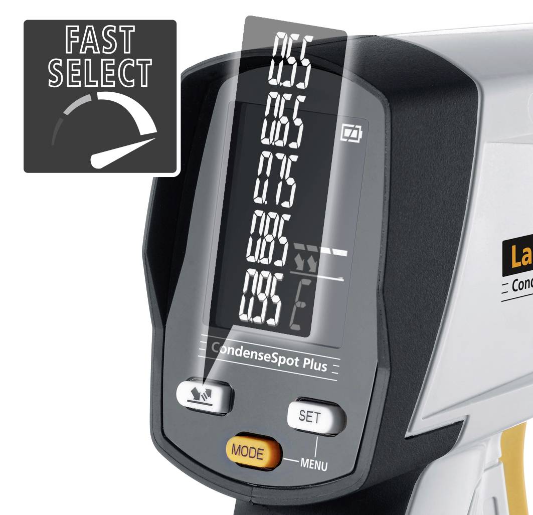 Digitales Gerät zur Temperaturmessung, Display mit mehreren Werten, Tasten für 'Mode', 'Set' und 'Menu', neben 'Fast Select'-Symbol.
