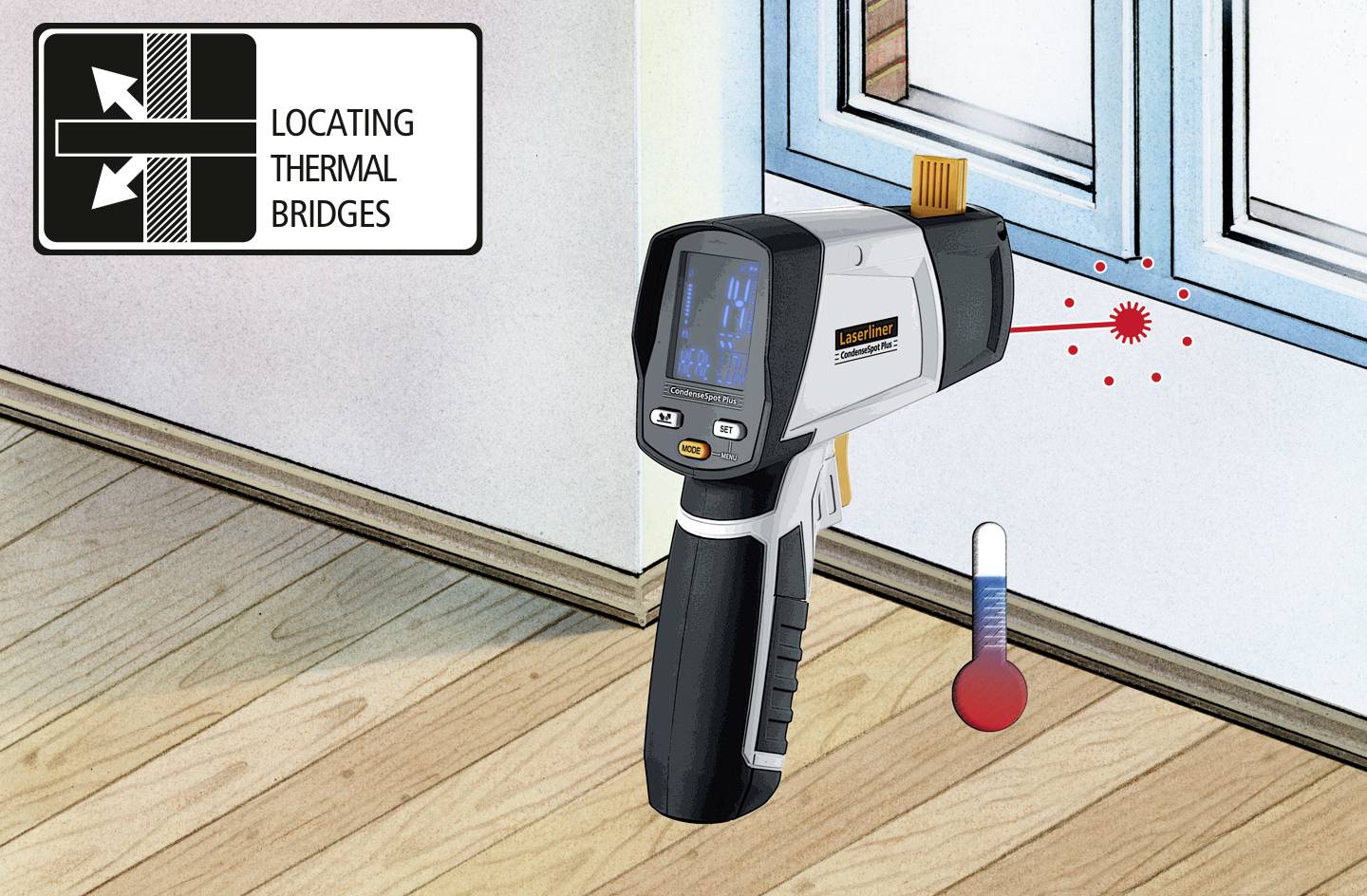 Ein Infrarot-Thermometer misst die Temperatur an einem Fensterrahmen, um Wärmebrücken zu erkennen. Ein kleines Display zeigt die Temperatur an.