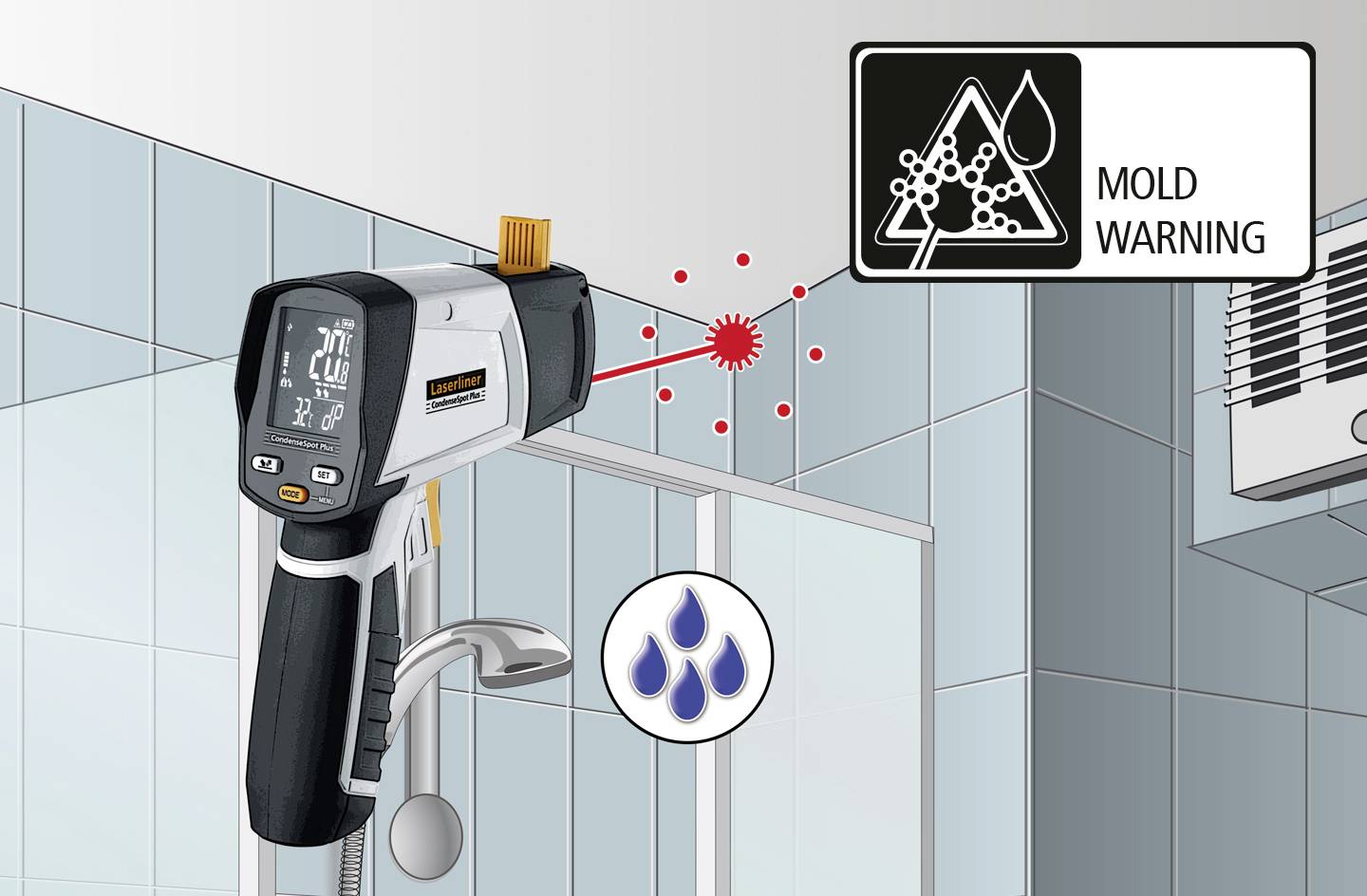 Ein Infrarot-Thermometer zeigt 20,8 °C an und ein Feuchtigkeitswarnsymbol erscheint. Im Hintergrund ein Warnschild für Schimmelbildung.