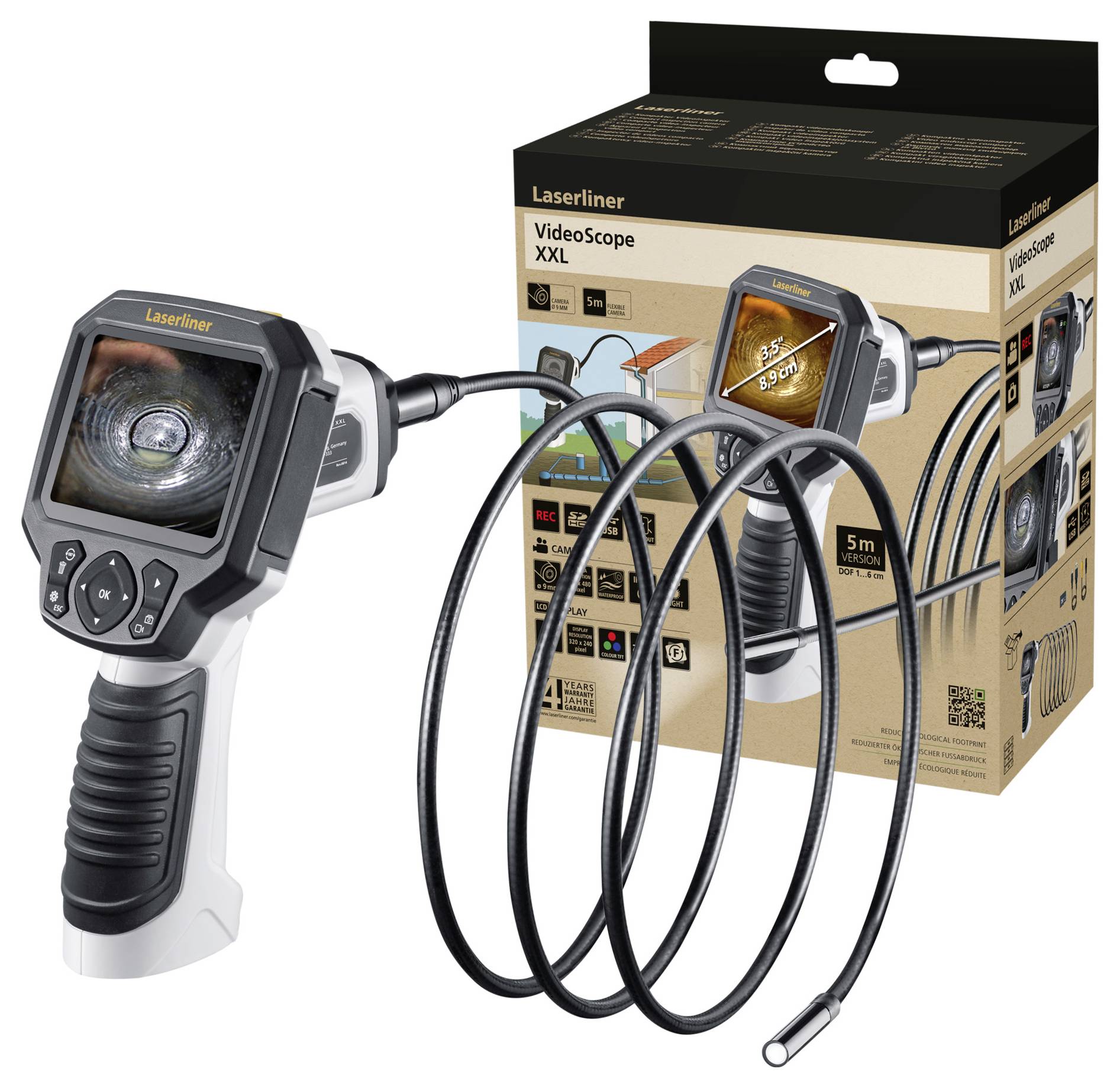 Industriekamera mit flexiblem Kabel und Display; ideal zur Inspektion schwer zugänglicher Stellen. Gerät und Verpackung abgebildet.