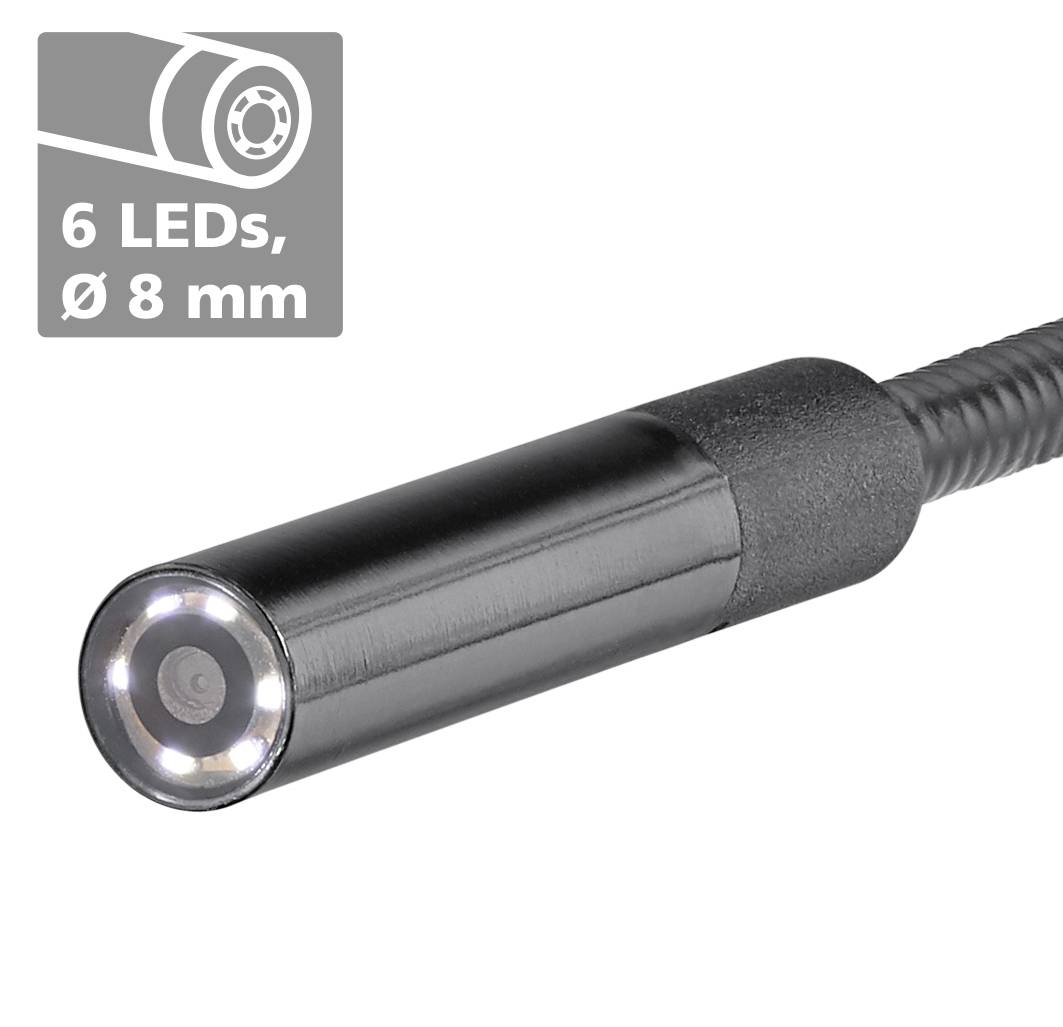 Endoskop-Kamera mit 6 LEDs und einem Durchmesser von 8 mm. Geeignet für die Untersuchung schwer zugänglicher Bereiche.