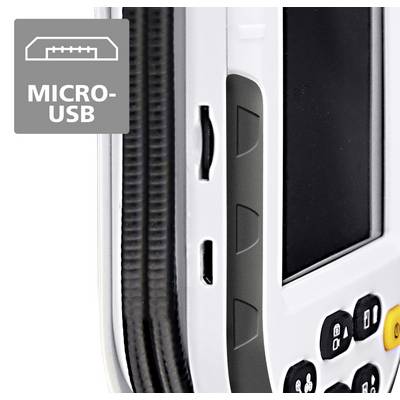 Ein weiß-schwarzes elektronisches Gerät mit Tasten und einem kleinen Bildschirm. Ein 'Micro-USB'-Symbol ist sichtbar.