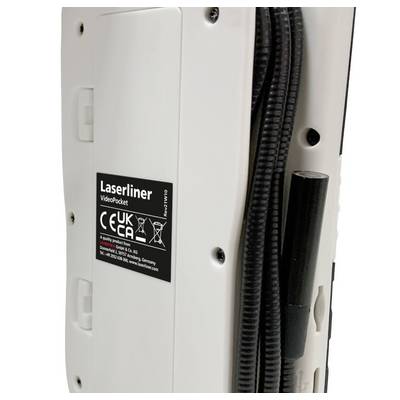Rückansicht eines Geräts mit der Aufschrift 'Laserliner VideoPocket'. Kabel sind an der Seite befestigt.