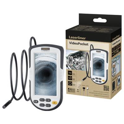 Ein tragbares Endoskop mit Bildschirm und biegsamem Kabel, verpackt in einer Kartonschachtel. Markiert mit 'Laserliner VideoPocket'.