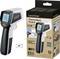 Infrarotthermometer 'ThermoSpot Pocket' und Verpackung. Anzeigen zeigt 38,6°C. 9V-Batterie benötigt. Temperaturbereich: 40°C bis 400°C.