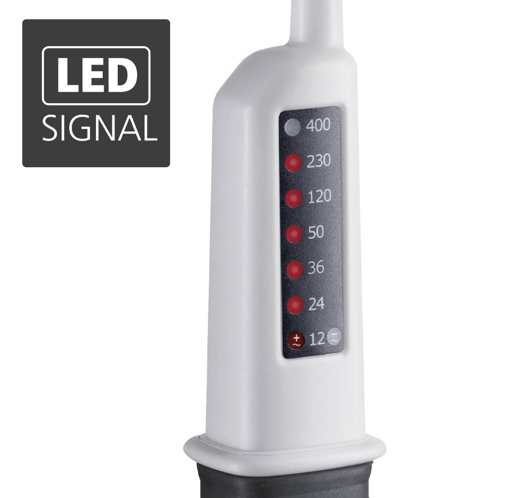 Ein Spannungsprüfer mit roter LED-Anzeige von 12 bis 400 Volt. Links ein Symbol mit der Beschriftung 'LED SIGNAL'.