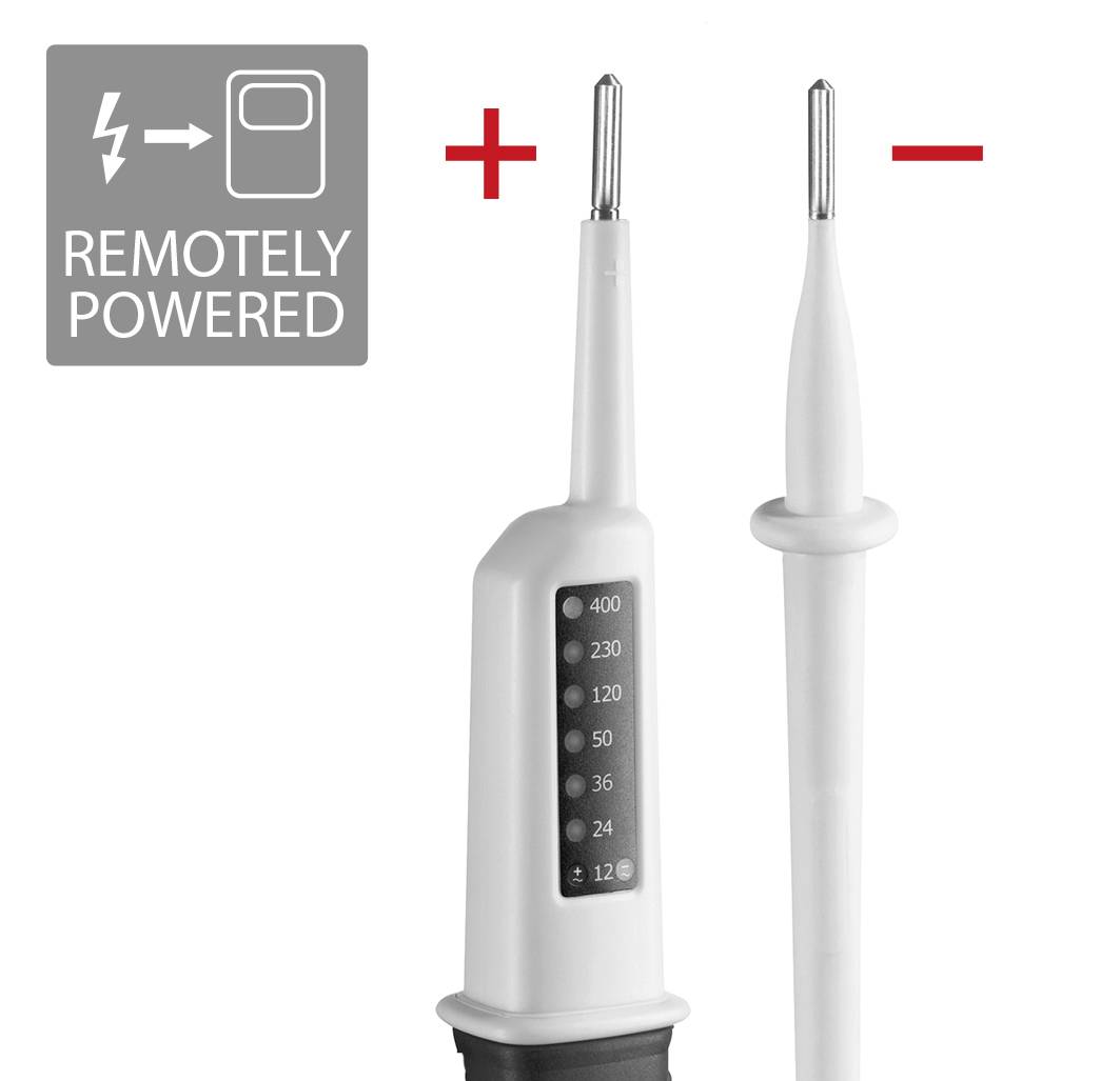 'Zwei Prüfsonden, eine mit Plus- und eine mit Minuspol gekennzeichnet. Text: Fernbetrieben.'