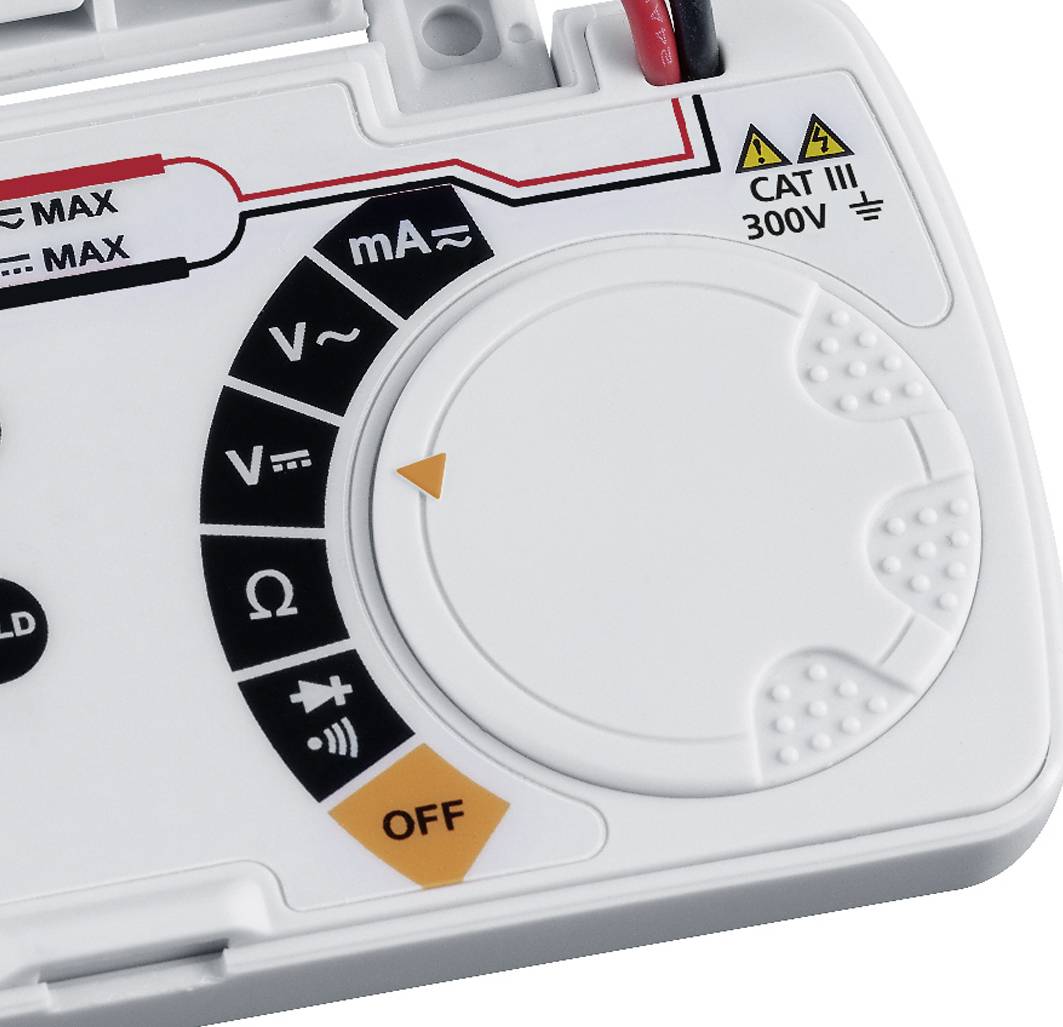 Multimeter-Einstellrad mit verschiedenen Messfunktionen wie Spannung (V), Stromstärke (A) und Widerstand (Ω). Markiert für max. Strom und 300V.