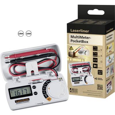 'Laserliner MultiMeter PocketBox' in geöffneter Schutzhülle mit digitaler Anzeige und Messkabeln. Verpackung zeigt technische Spezifikationen.