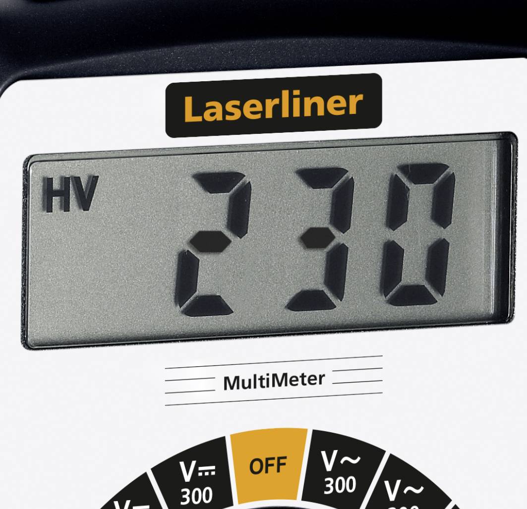 Digitales Multimeter-Display zeigt '230'. Oberhalb steht 'Laserliner', unterhalb ist der Modus-Schalter für Spannungsmessung sichtbar.
