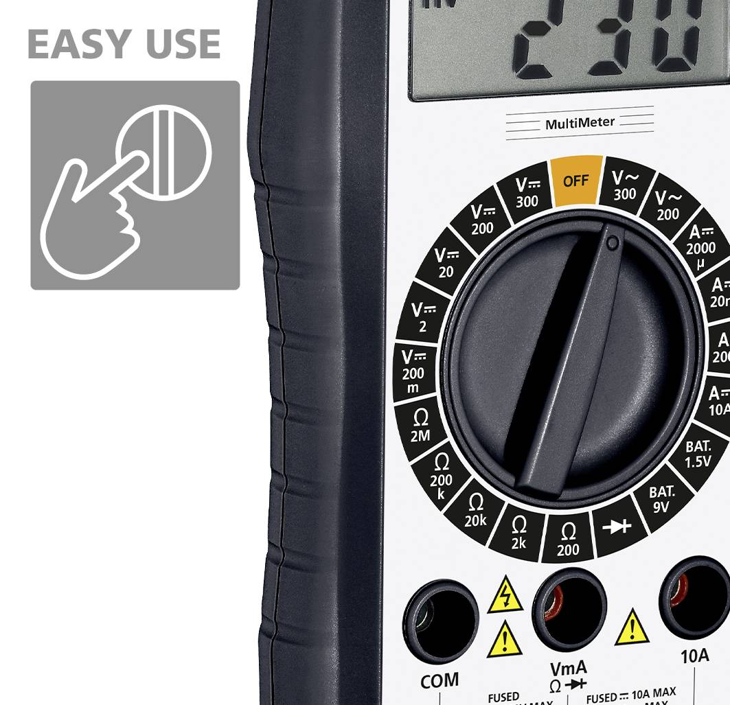 Digitalmultimeter mit großem Display, runden Einstellknopf und mehreren Anschlüssen. Text 'EASY USE' und Symbol eines Fingers auf einer Taste.