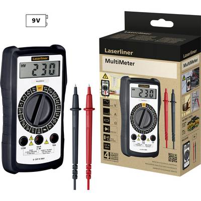 'Laserliner MultiMeter' mit Messskalen und Kabeln neben der Verpackung; zeigt 230 V an.