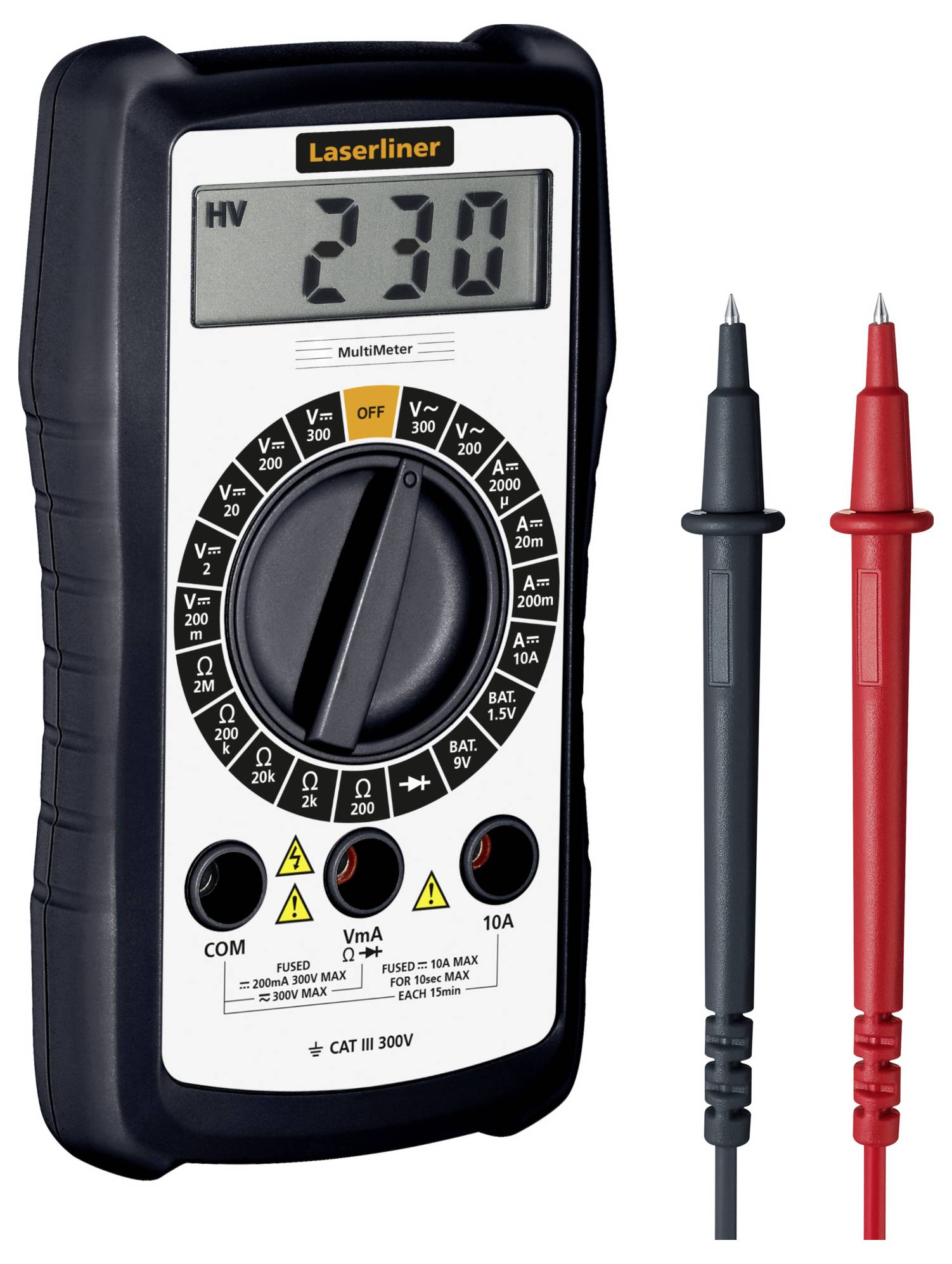 Digitalmultimeter mit Anzeige von '230', Drehschalter für verschiedene Messfunktionen, zwei Messleitungen in Rot und Schwarz.