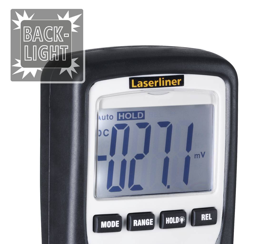 'Laserliner'-Messgerät zeigt '-027.1 mV' auf digitalem Display an, mit Tasten 'MODE' und 'HOLD' darunter, beleuchtet.