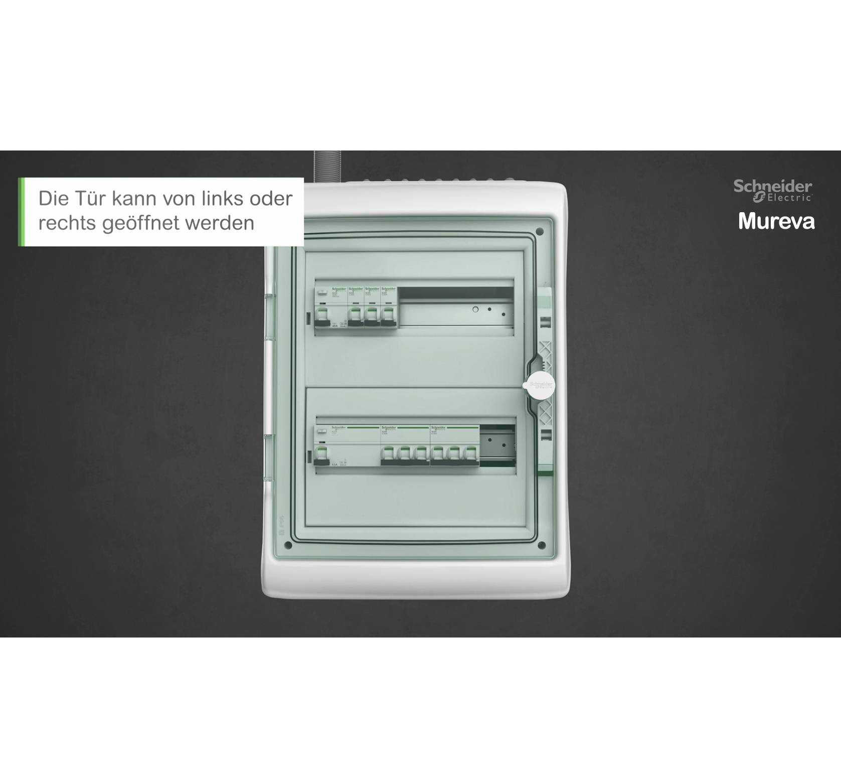 Ein grauer Sicherungskasten von Schneider Electric Mureva, dessen Tür sowohl von links als auch von rechts geöffnet werden kann.