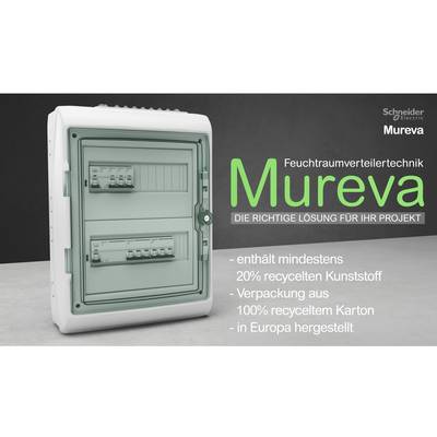 Feuchtraumverteilerkasten und Werbetext für 'Mureva' von Schneider Electric, betont recycelte Materialien und europäische Produktion.