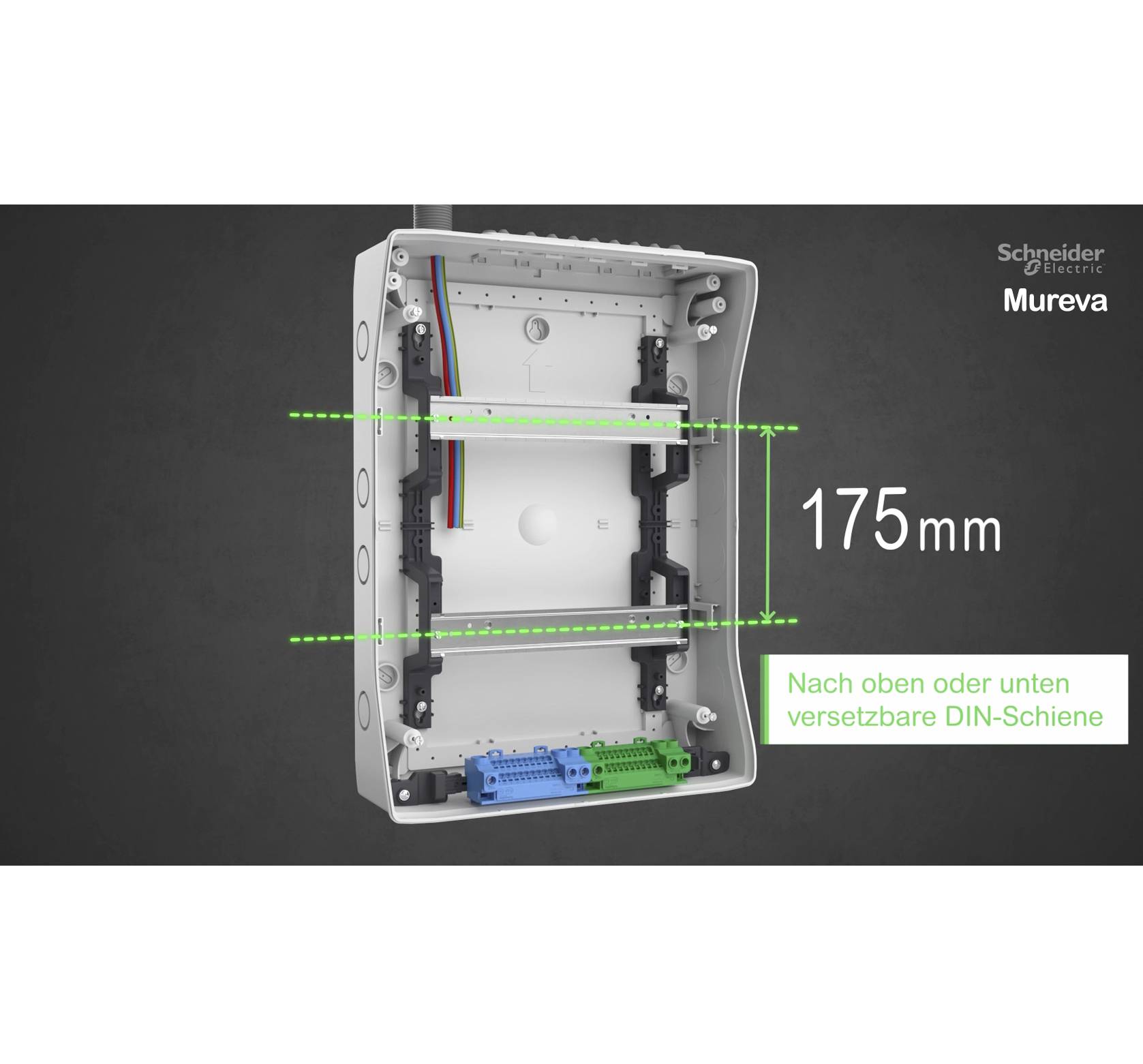 175 mm große elektrische Verteilerbox mit verstellbarer DIN-Schiene, beschriftet mit 'Nach oben oder unten versetzbare DIN-Schiene'.