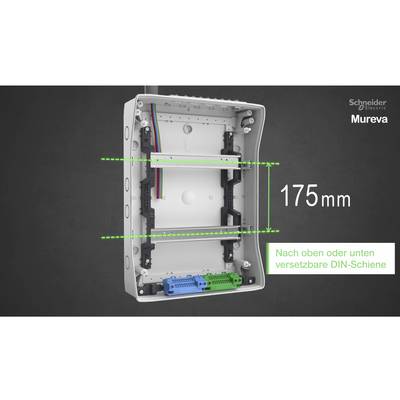 175 mm große elektrische Verteilerbox mit verstellbarer DIN-Schiene, beschriftet mit 'Nach oben oder unten versetzbare DIN-Schiene'.