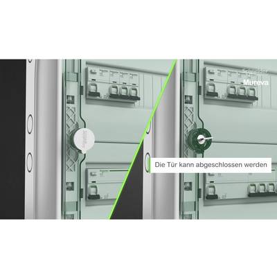 Ein geöffneter und ein geschlossener Sicherungskasten von Schneider Electric Mureva. Text zeigt: 'Die Tür kann abgeschlossen werden'.