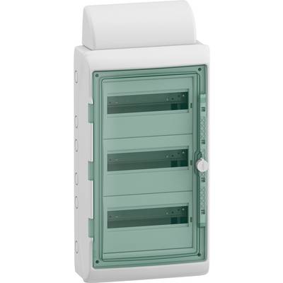 Ein weißer elektrischer Sicherungskasten mit grün-transparentem Deckel, der mehrere Einheiten aufnehmen kann, an der Wand montiert.