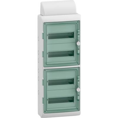 Ein elektrischer Sicherungskasten mit zwei grünen, durchsichtigen Abdeckungen, geeignet zur Montage in einem Gebäude für Stromverteilung.