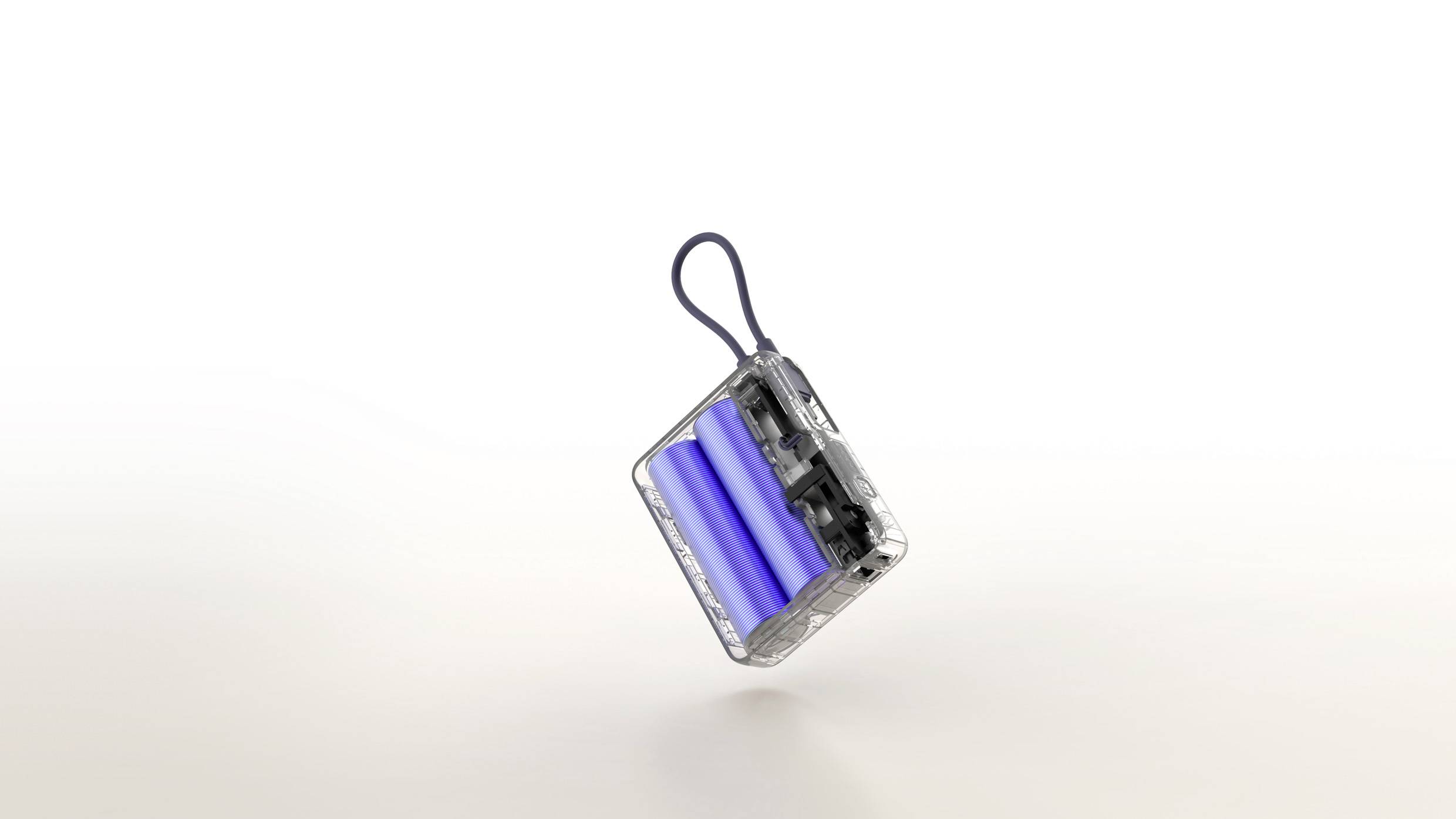 Ein kompaktes, transparentes Gerät mit blauem Zylinder und schwarzem Band schwebt vor weißem Hintergrund.