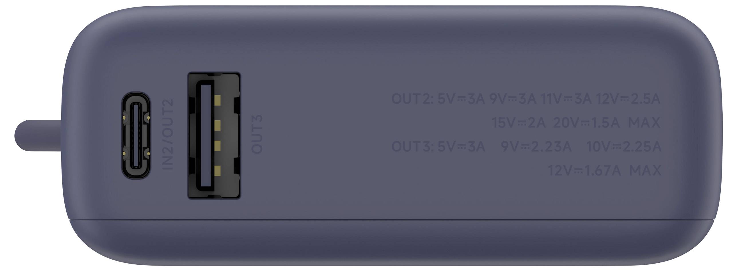 Dunkelblauer mobiler Akku mit zwei USB-Anschlüssen: Einer USB-C und einer USB-A. Informationen zur Stromstärke und Spannung sind seitlich aufgedruckt.