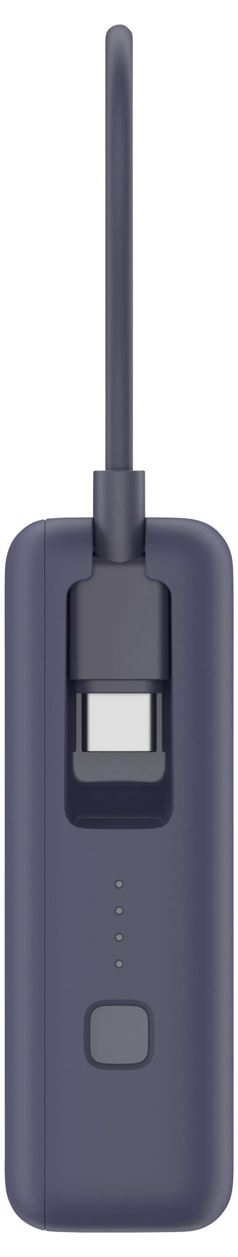 Drahtloser Ladegerät in dunklem Gehäuse mit vier LEDs und einem Button; Ladekabel oben angeschlossen.