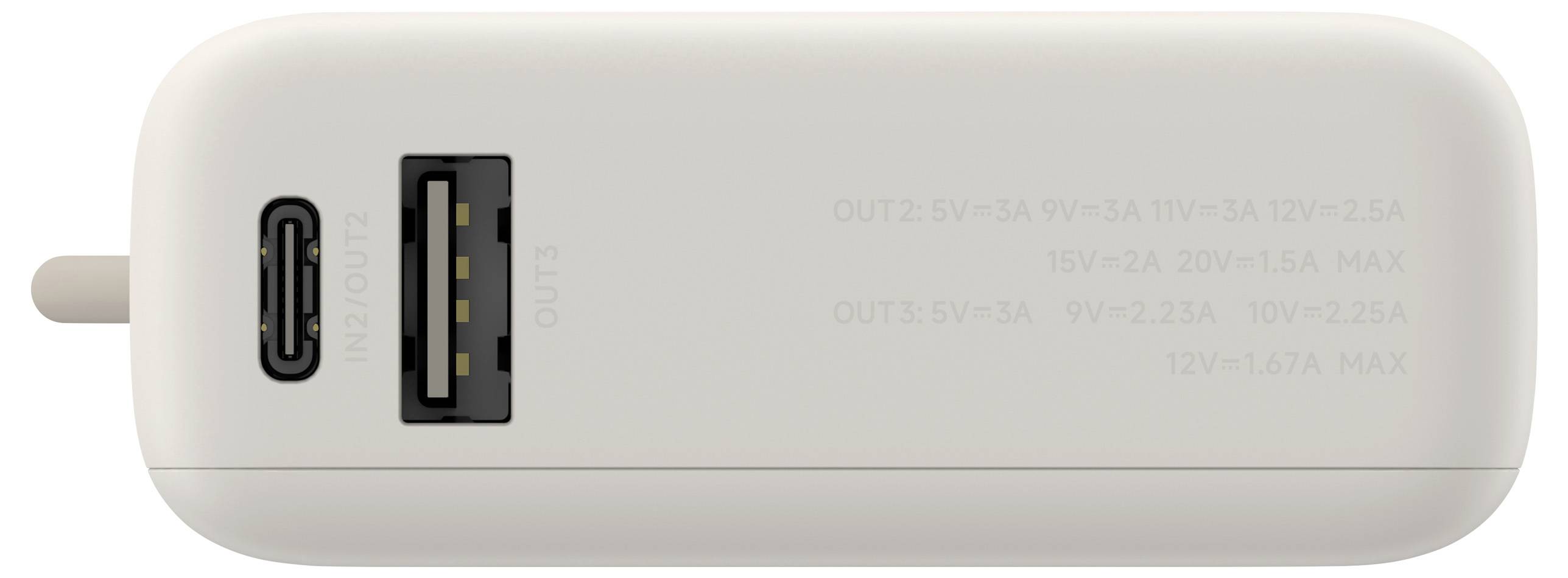 Zwei USB-Anschlüsse an einem Ladegerät: links ein USB-C-Anschluss, rechts ein USB-A-Anschluss. Details zur Ausgangsleistung daneben.