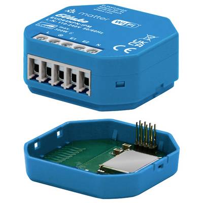 Ein blauer Smart-Home-Schalter in eckiger Form mit Anschlüssen für Kabel. Zeigt Vorder- und Rückseite des Geräts. Markiert mit 'Matter' und 'WiFi'.