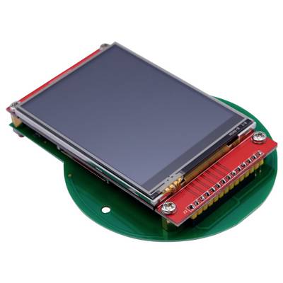 Ein rechteckiger LCD-Bildschirm auf einer runden, grünen Leiterplatte.