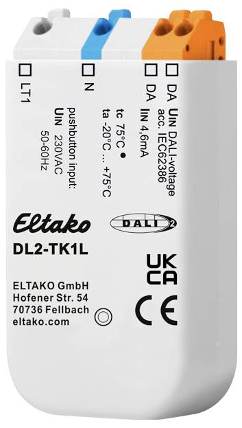Ein weißes Eltako DL2-TK1L Gerät mit blauem, orangefarbenem und rotem Anschluss. Technische Details und Anschlüsse sind sichtbar.