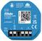 Ein blauer elektrischer Schaltaktor mit Anschlüssen und QR-Code. Text enthält technische Spezifikationen: 230V, 10A/250V~, und Markenlogos.