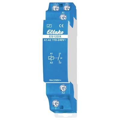 Blaues Eltako Relais, Modell ES12DX, mit Anschlussklemmen. Spannung: 110-240V, Stromstärke: 16A/250V. Markierung für L, N, A1, A2.