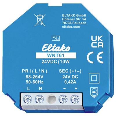 Blauer elektronischer Transformator 'Eltako WNT61', Eingang 88-264V, Ausgang 24V DC, 10W. Anschlüsse und CE-Zeichen sichtbar.