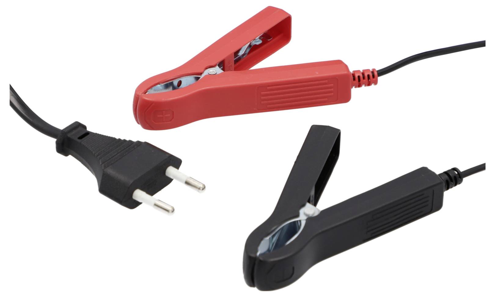 Rote und schwarze Krokodilklemmen mit angeschlossenem Netzkabel; symbolisiert elektrischen Anschluss oder Batterieladung.