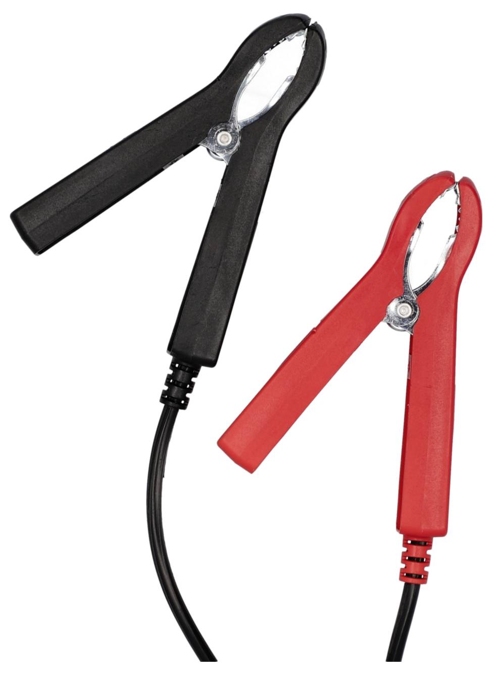 Ein schwarzer und ein roter Starthilfekabel-Clip auf weißem Hintergrund, symbolisieren positive und negative Batteriepole.
