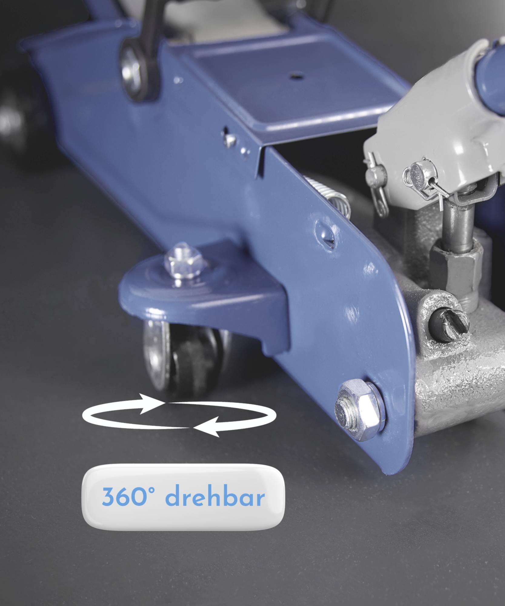 Hydraulischer Wagenheber mit blauer Metallkonstruktion und Hinweis '360° drehbar', der drehbare Räder hervorhebt.
