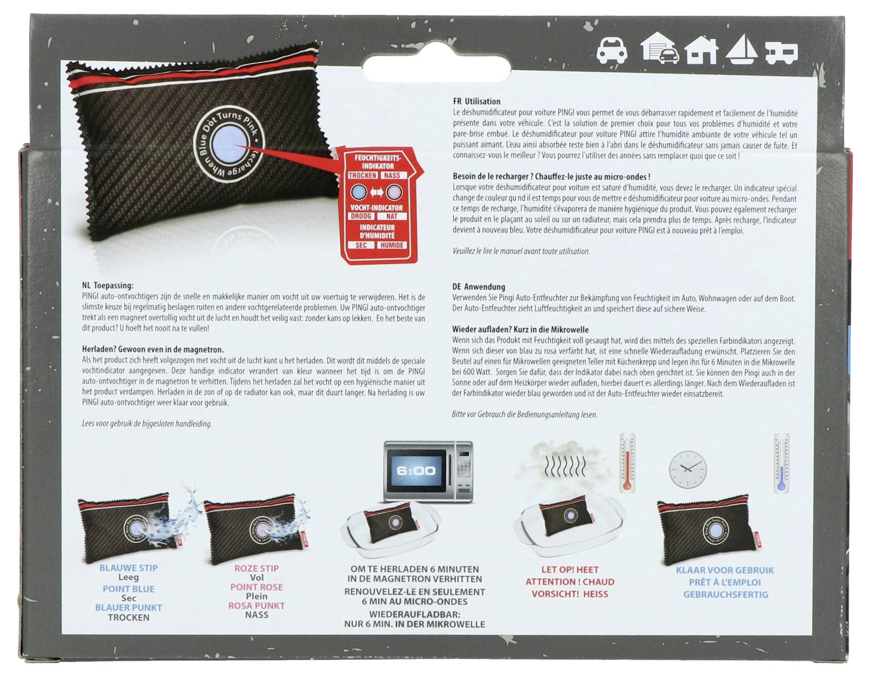 Die Verpackung zeigt einen wiederverwendbaren Handwärmer mit Knopfdruck-Aktivierung. Fotos veranschaulichen Gebrauchsanweisung und Erwärmungsschritte.