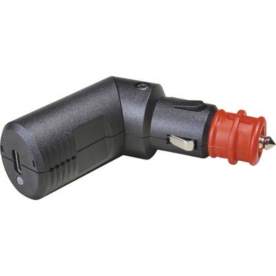 'Schwarzer und roter 12-Volt-Stecker für den Zigarettenanzünder eines Fahrzeugs, seitliche Ansicht.'