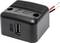 Schwarzes USB-Ladegerät mit einem USB-C- und einem USB-A-Anschluss, zwei freiliegende Kabel zur Stromquelle.