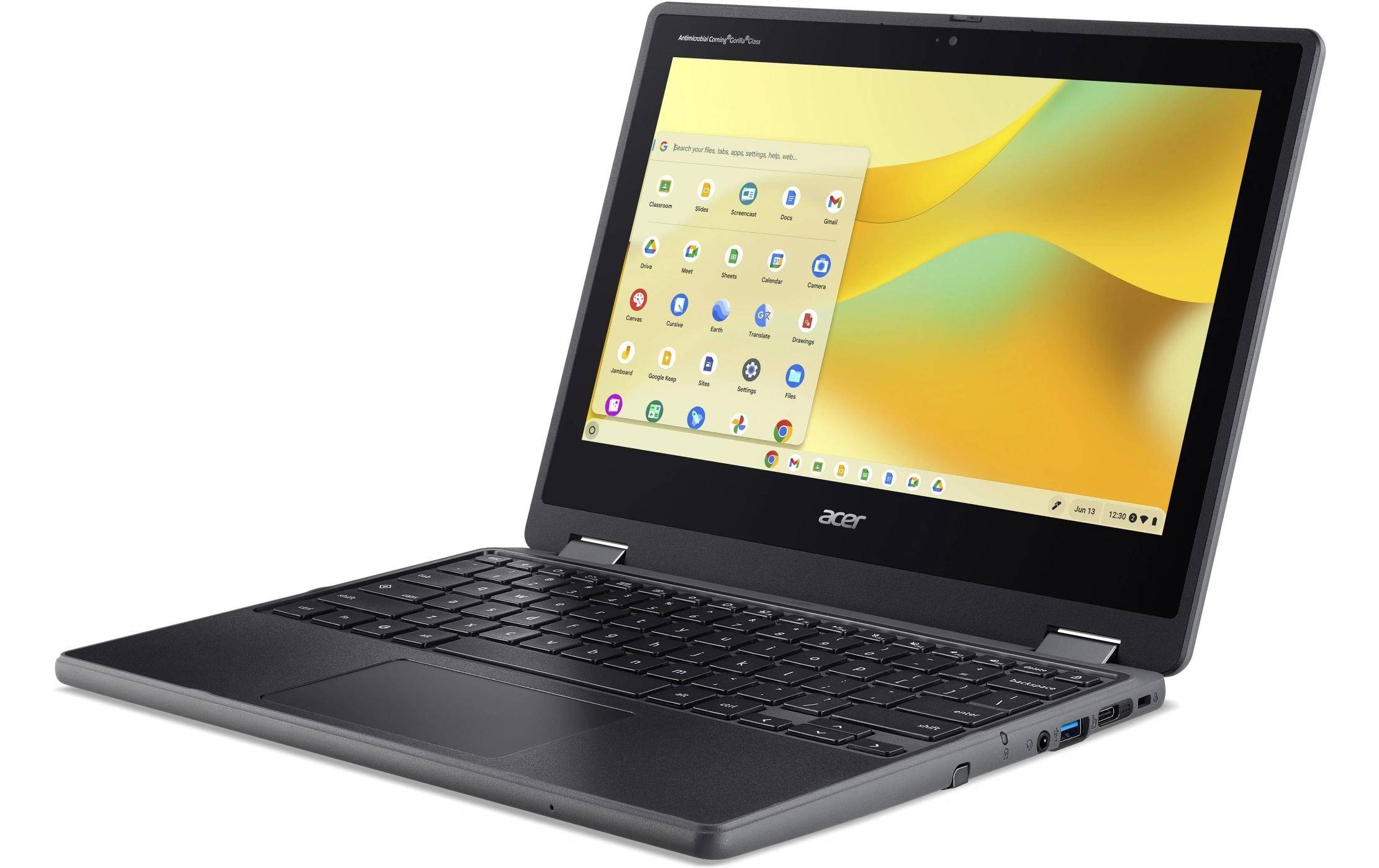 Ein Acer-Laptop mit geöffnetem Bildschirm zeigt die Benutzeroberfläche eines Betriebssystems mit mehreren App-Symbolen auf einem gelben Hintergrund.