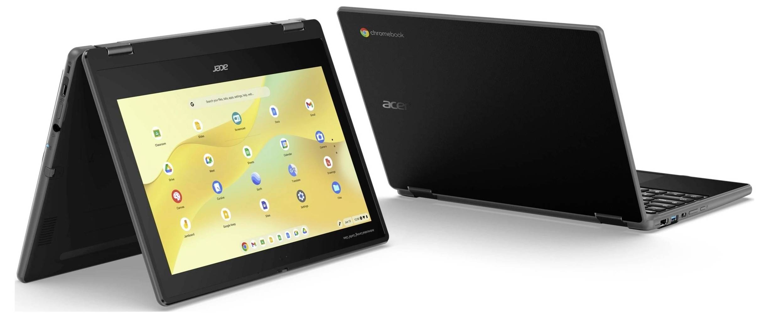 Zwei Acer Chromebooks in verschiedenen Modi: links im Tablet-Modus mit Apps auf dem Bildschirm, rechts im Laptop-Modus schwarz.